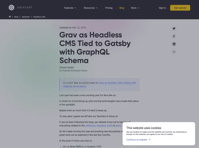 screenshot of Snipcart Gatsby Grav