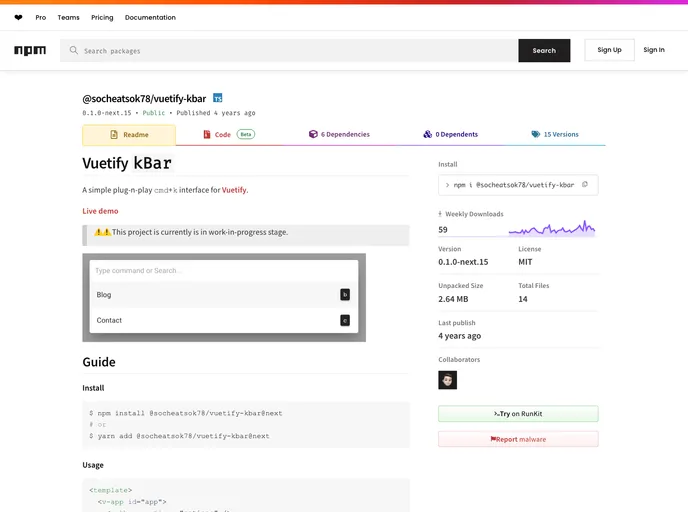 screenshot of Vuetify Kbar