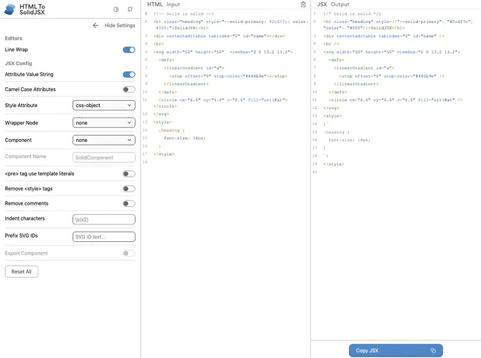 screenshot of Html To Solidjsx