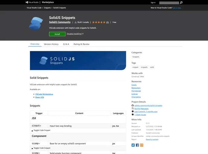 screenshot of Solid Snippets