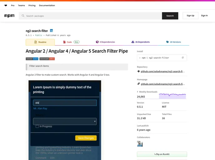 screenshot of Ng2 Search Filter