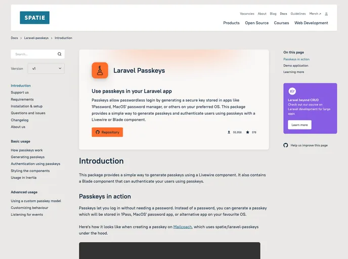 screenshot of Laravel Passkeys