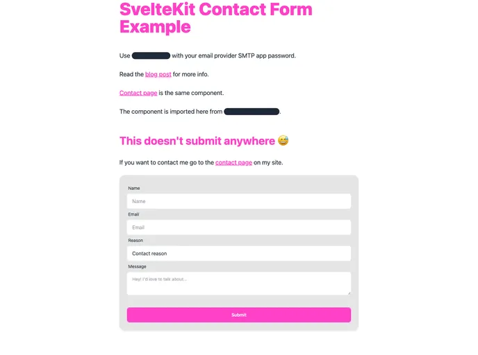 screenshot of Sveltekit Contact Form Example