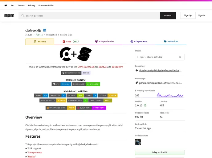 screenshot of Clerk Solidjs