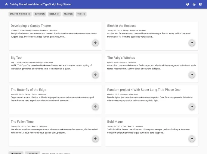 screenshot of Gatsby Markdown Material Typescript Starter