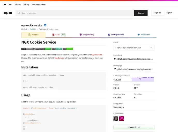 screenshot of Ngx Cookie Service