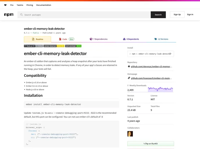 screenshot of Ember Cli Memory Leak Detector