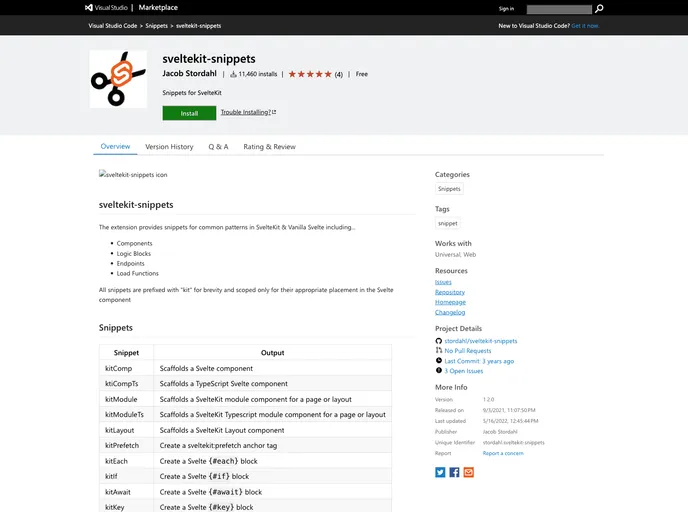 screenshot of Sveltekit Snippets