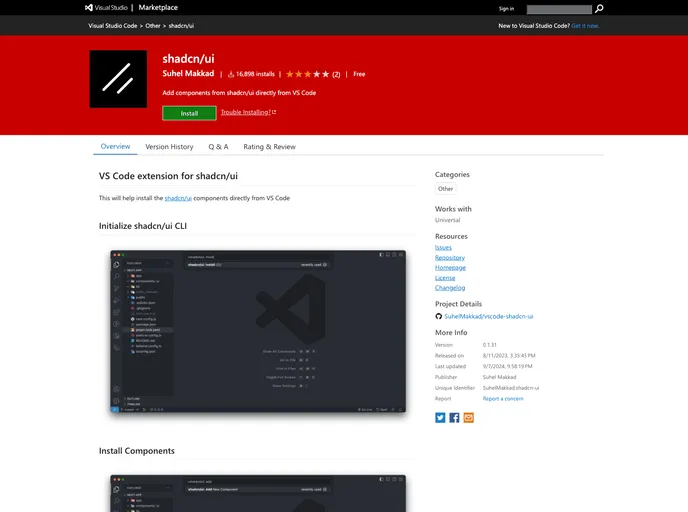 screenshot of Vscode Shadcn UI