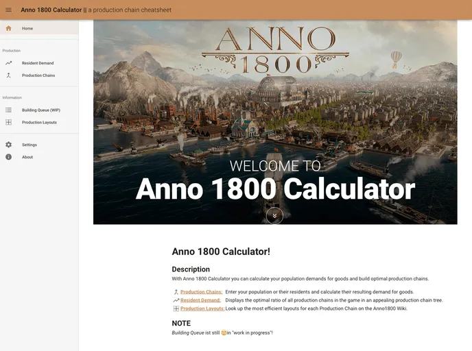 screenshot of Anno 1800 Calculator