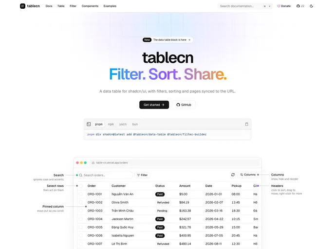 Tablecn screenshot