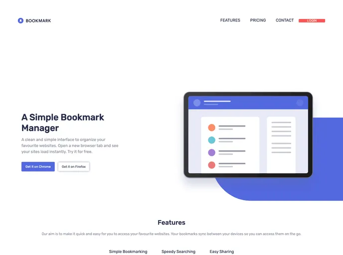screenshot of Bookmark Landing Page