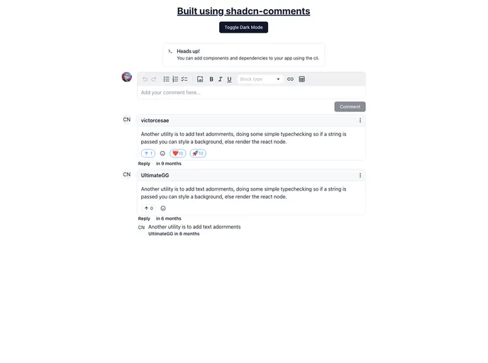 screenshot of Shadcn Comments