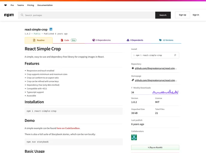 screenshot of React Simple Crop