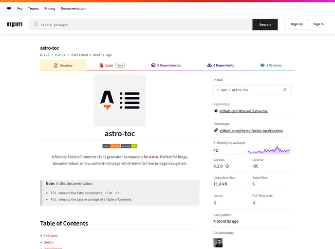 screenshot of Astro Toc