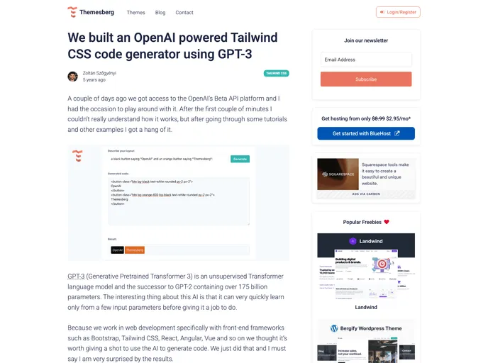 screenshot of Gpt 3 Tailwindcss