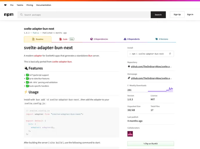screenshot of Svelte Adapter Bun Next