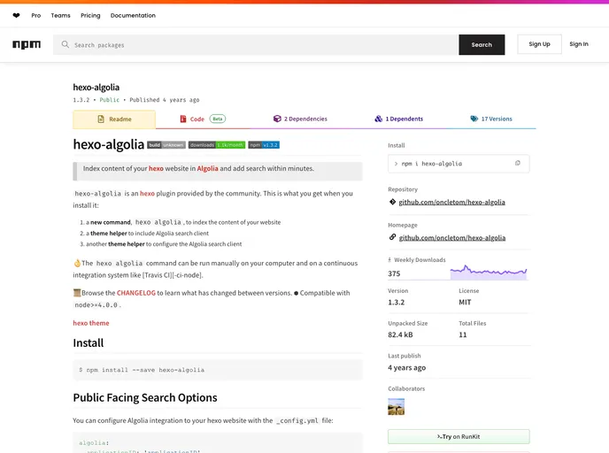 screenshot of Hexo Algolia