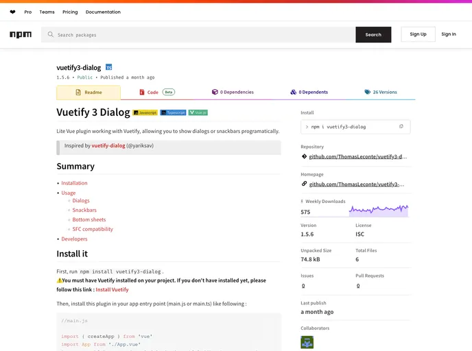 screenshot of Vuetify3 Dialog