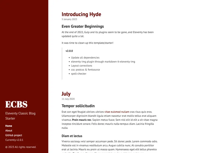 screenshot of Eleventy Classic Blog Starter