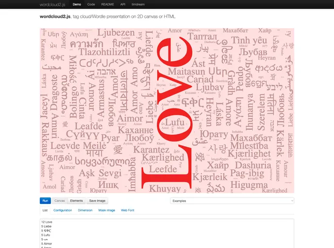 screenshot of Wordcloud2.js