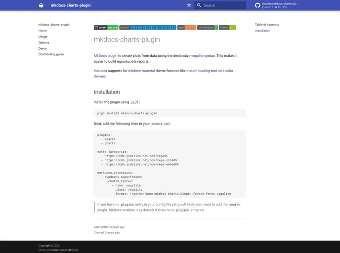 screenshot of Mkdocs Charts Plugin