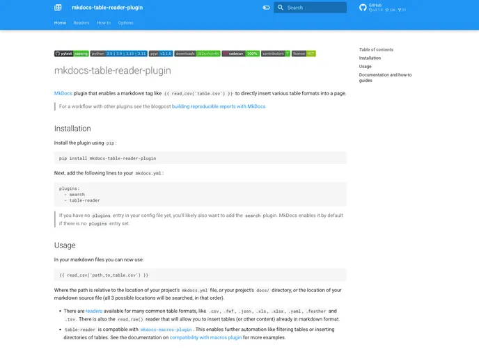 screenshot of Mkdocs Table Reader Plugin