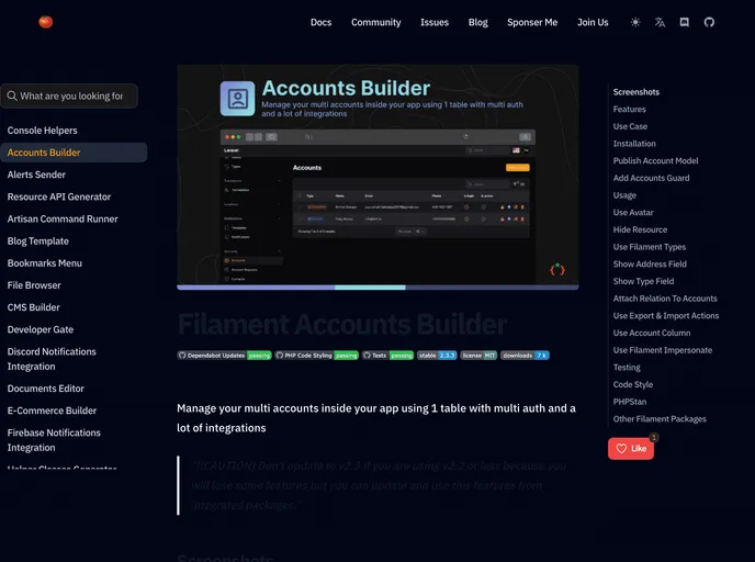 screenshot of Filament Accounts