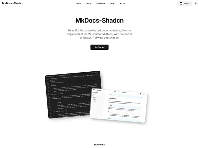 screenshot of Mkdocs Shadcn
