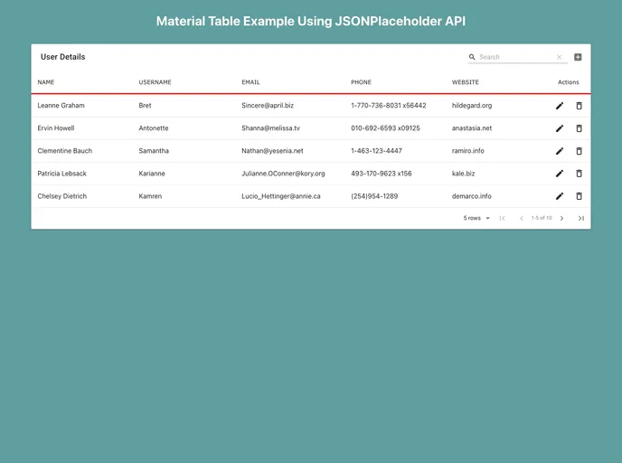 screenshot of Material Table Crud