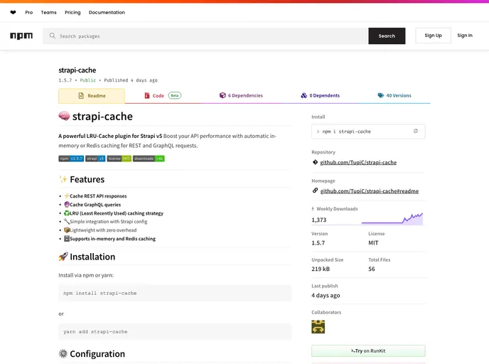 screenshot of Strapi Cache