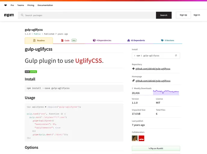 screenshot of Gulp Uglifycss