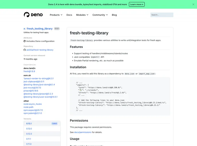screenshot of Fresh Testing Library