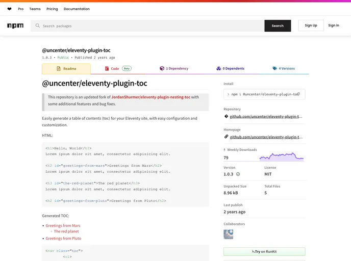 screenshot of Eleventy Plugin Toc