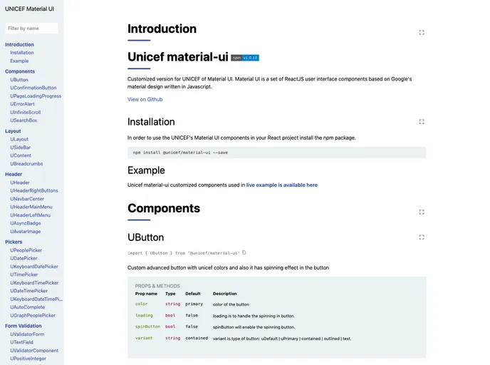 screenshot of Unicef Material UI