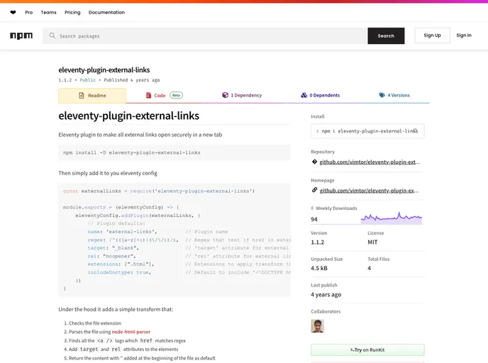 screenshot of Eleventy Plugin External Links