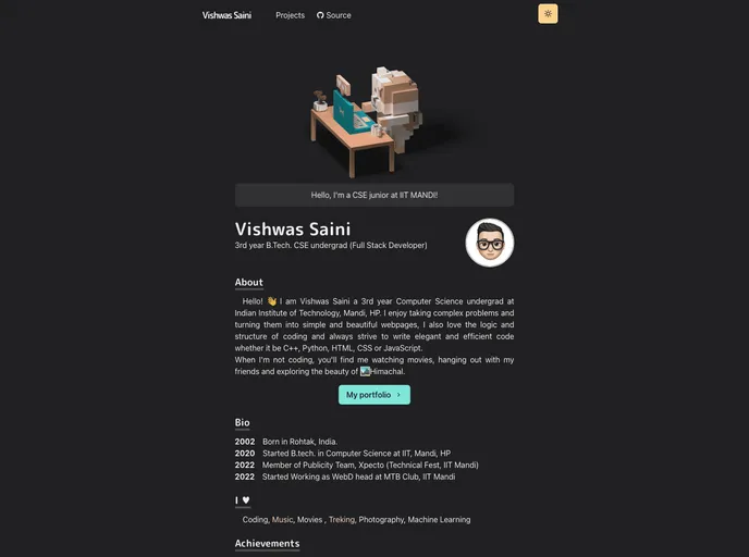 screenshot of Vishwas S Portfolio