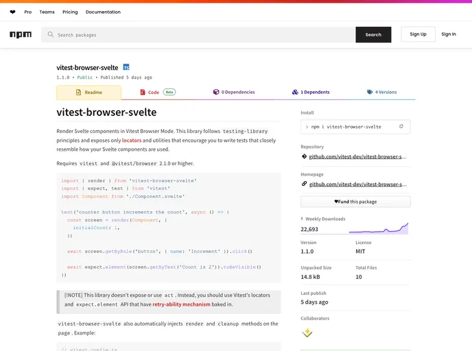 screenshot of Vitest Browser Svelte