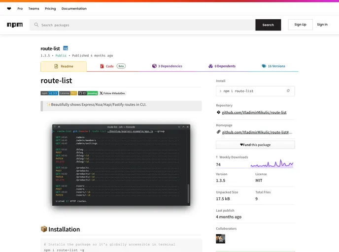 screenshot of Route List