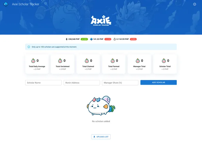 screenshot of Axie Infinity Scholar Tracker