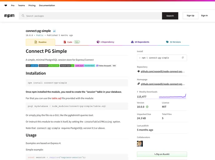 screenshot of Node Connect Pg Simple