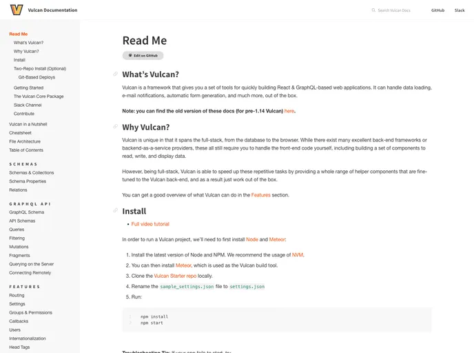 screenshot of Vulcan Docs