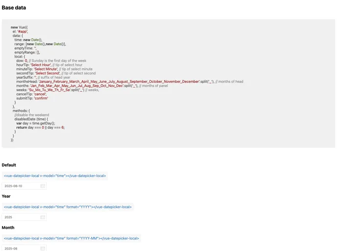 screenshot of Vue Datepicker Local