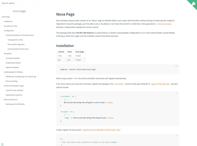 screenshot of Nova Page