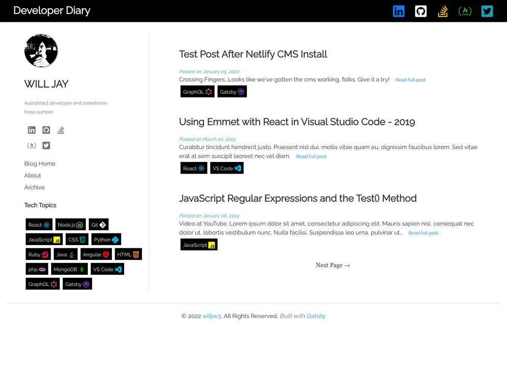 screenshot of Gatsby Starter Developer Diary
