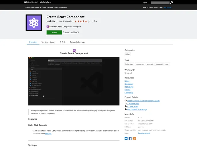 screenshot of Create React Component Vscode