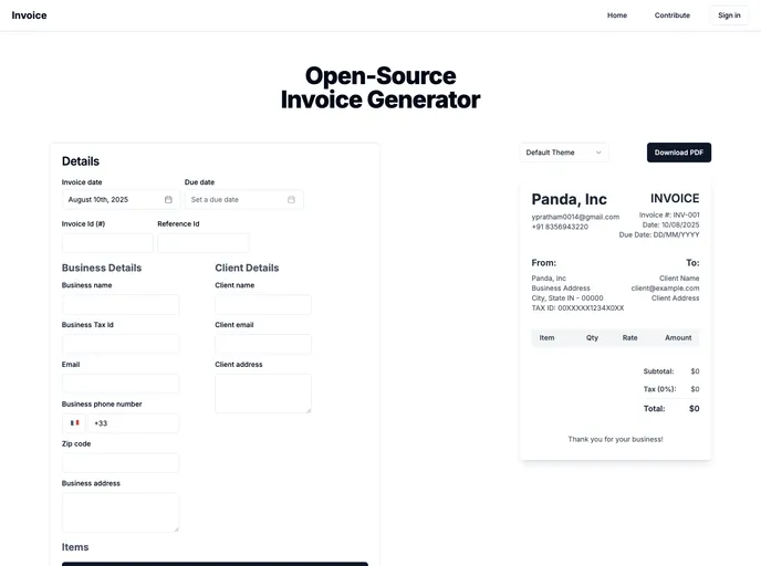 screenshot of Invoice Generator
