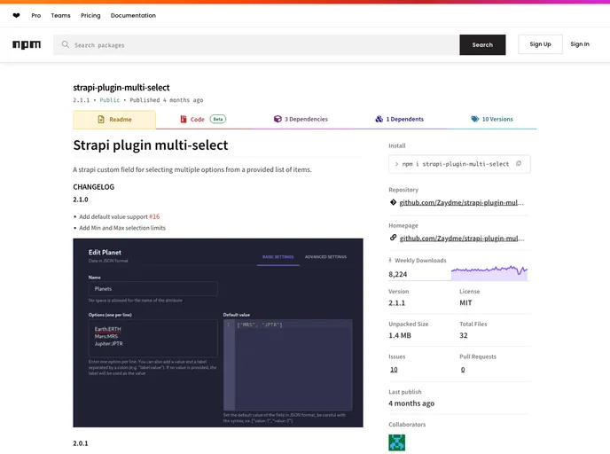 screenshot of Strapi Plugin Multi Select