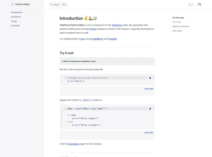 screenshot of Vitepress Python Editor