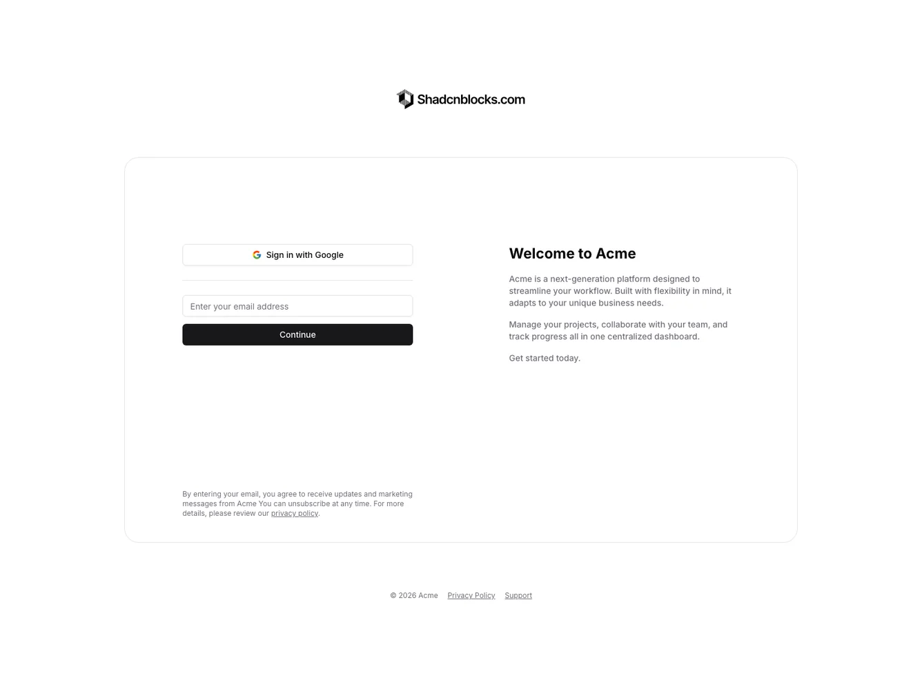 Shadcn Two-Column Invite with Email Form shadcnblocks.com